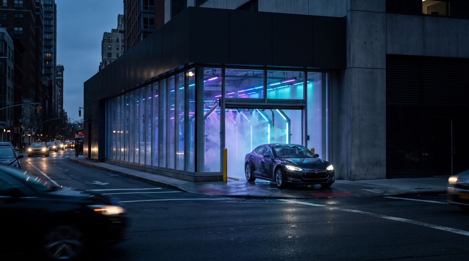 Illustrative image, not the actual property. A drive-through car wash tunnel glowing on an urban corner at dusk as a clean car exits